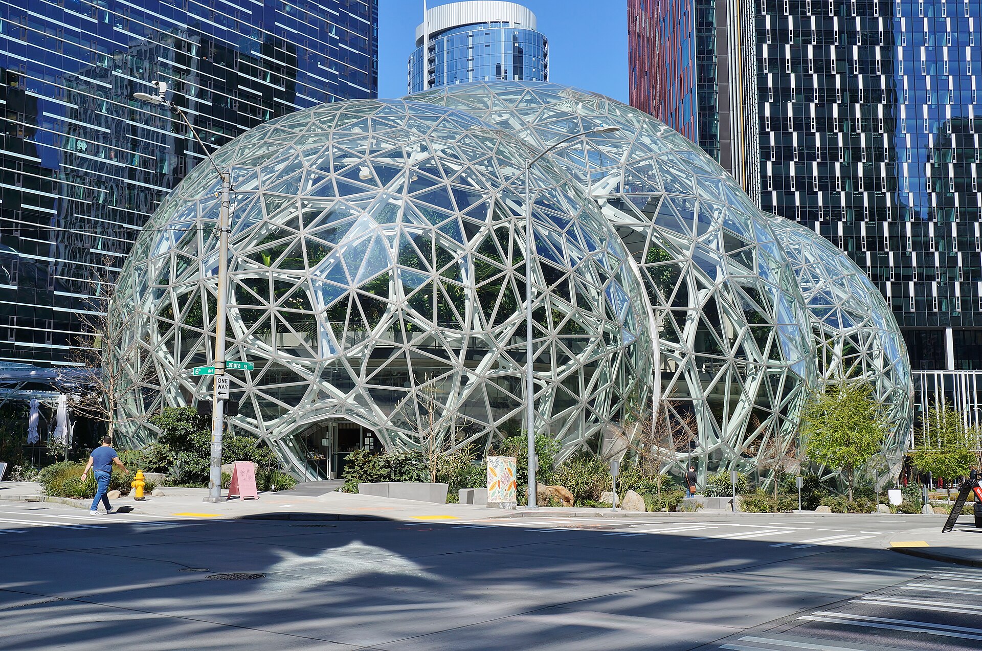 Three large glass and steel domes surrounded by skyscrapers, with plants inside, next to a street