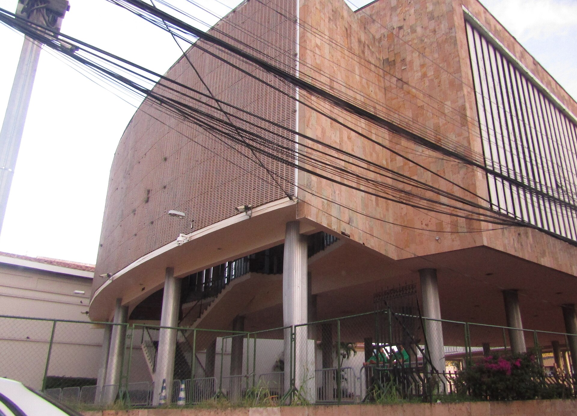 The pink stone building of Honduras's National Congress, raised on columns, with many power lines in front