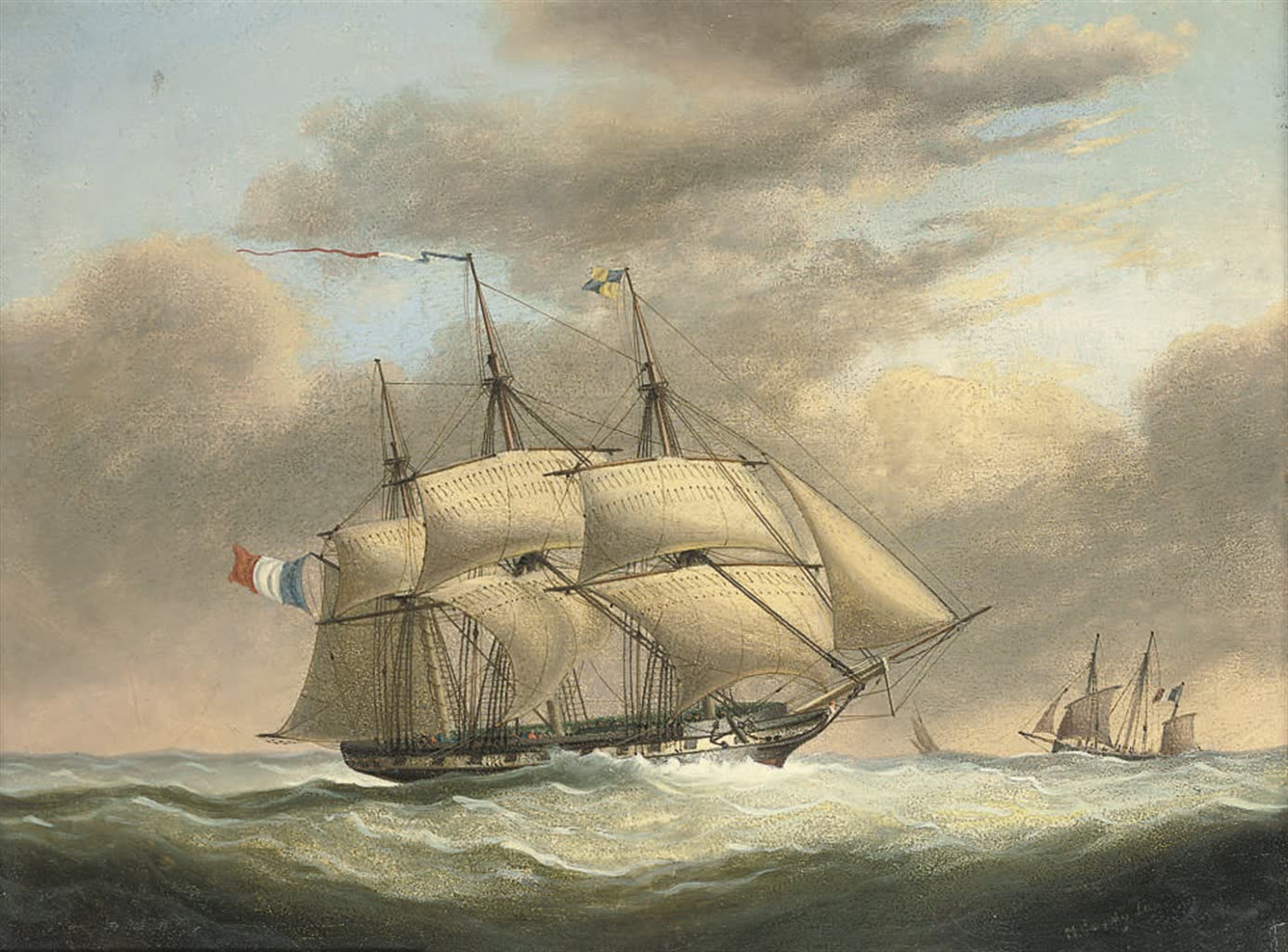 Pintura de una fragata francesa del siglo XIX navegando con viento fuerte