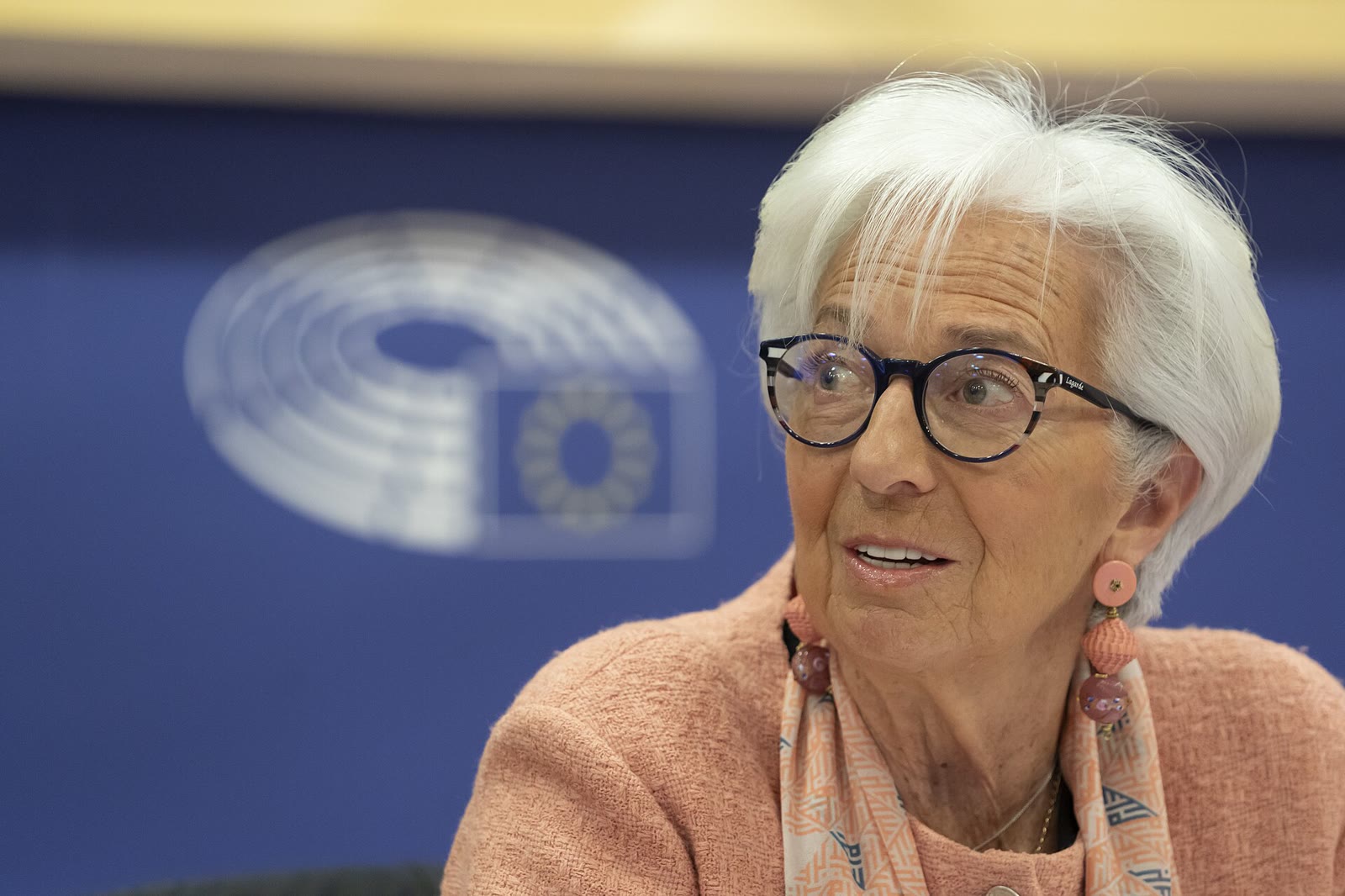 Christine Lagarde, president of the European Central Bank, with glasses and white hair, speaking at the European Parliament