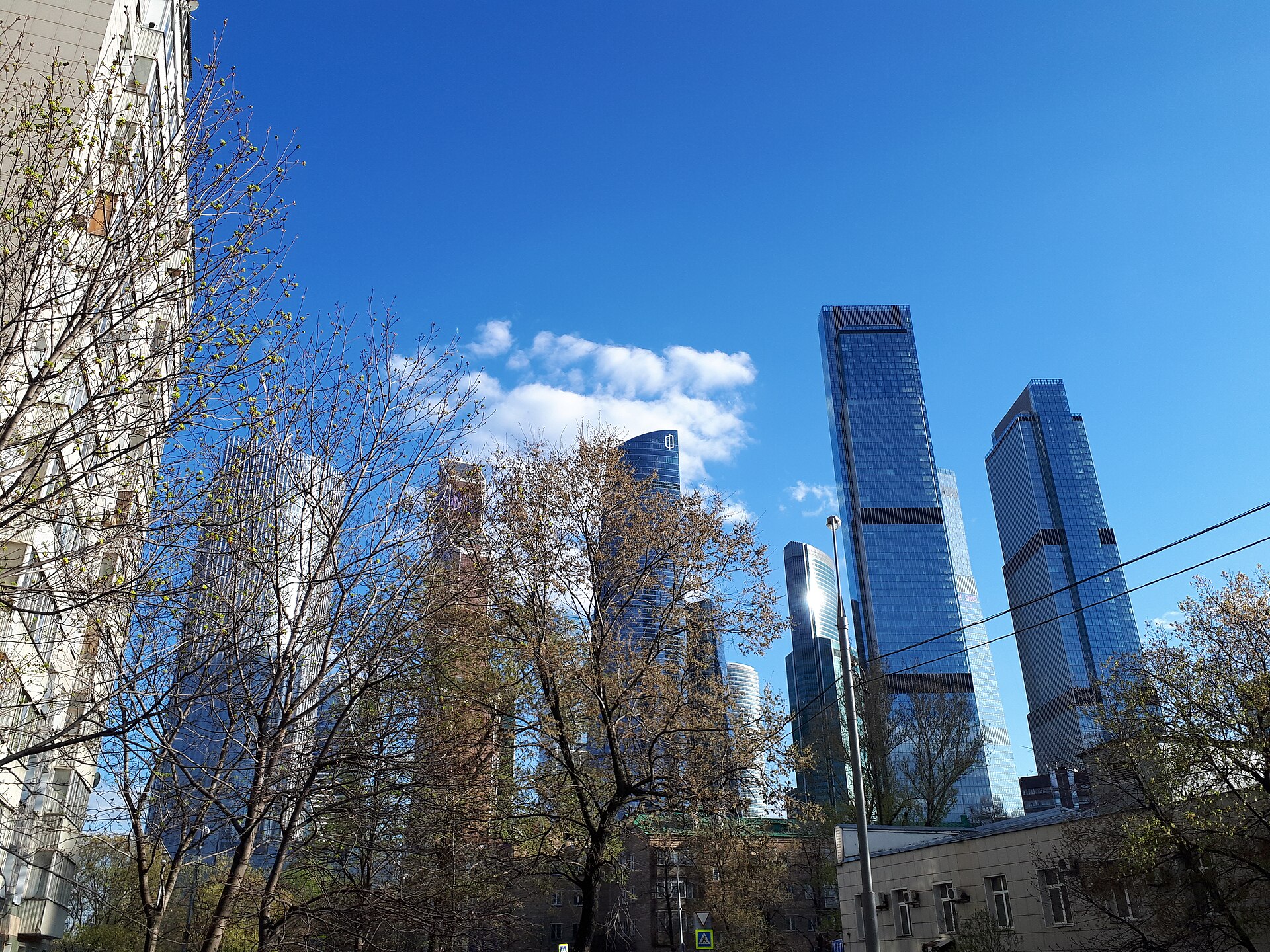 Blue glass skyscrapers of the Moscow City financial district under a clear sky, with trees in the foreground