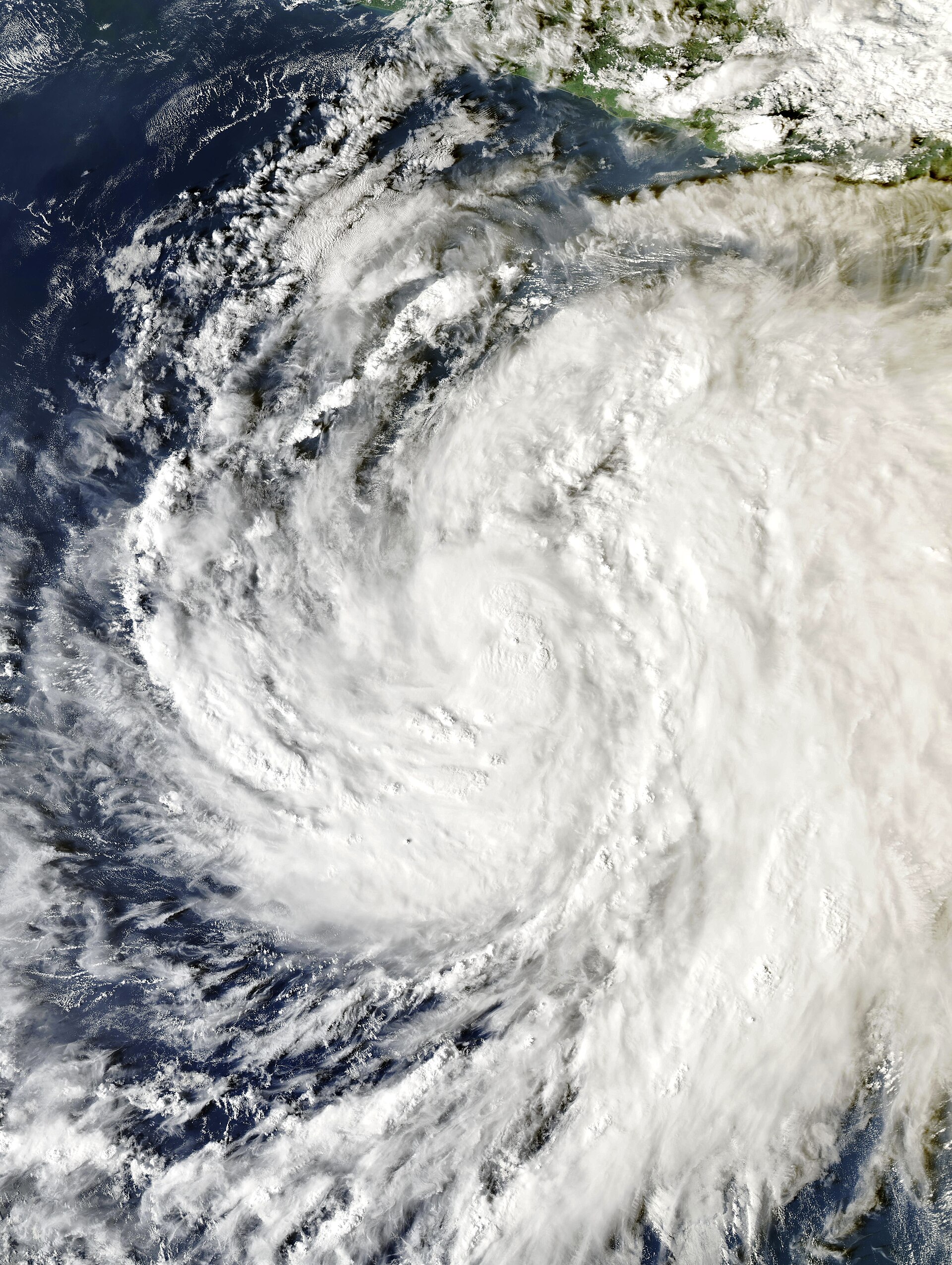 Satellite image of Tropical Storm Vance, a large swirl of white clouds over the Pacific Ocean next to the coast of Mexico